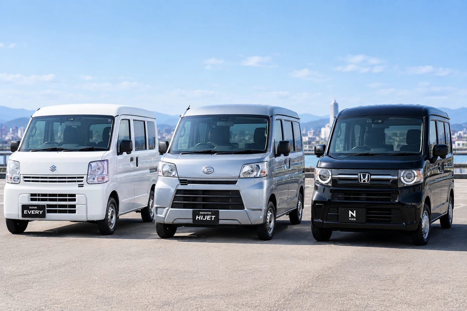 並んだ3台の軽バン(スズキ エブリイ、ダイハツ ハイゼット カーゴ、ホンダ N-VAN)