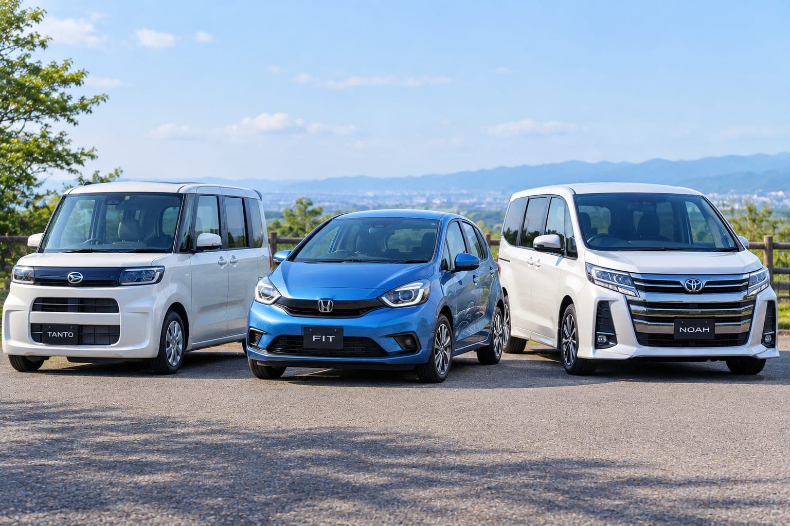 並んだ3台の車(ダイハツ タント、ホンダ フィット、トヨタ ノア)